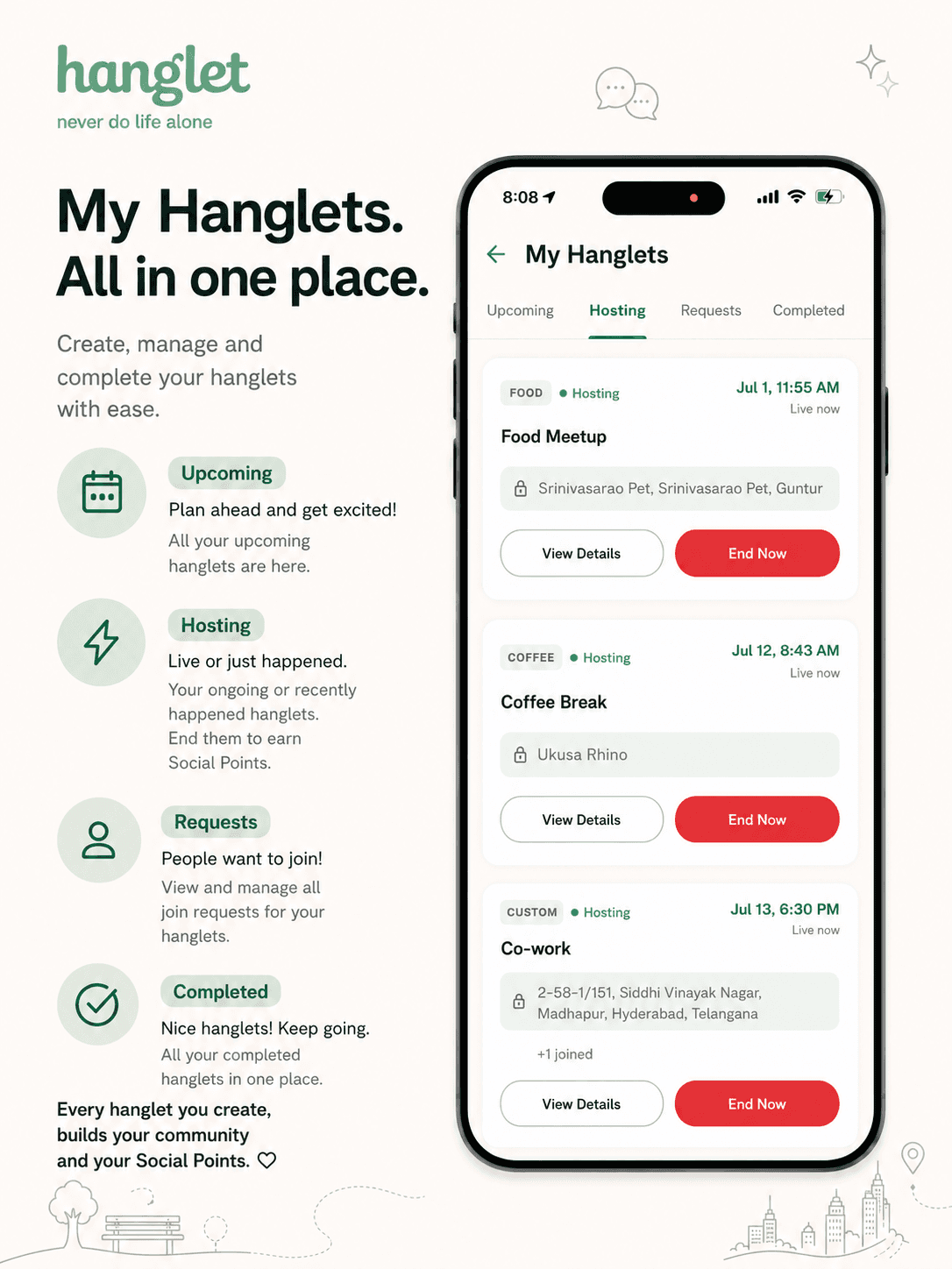 My Hanglets with hosting and request tabs in Hanglet