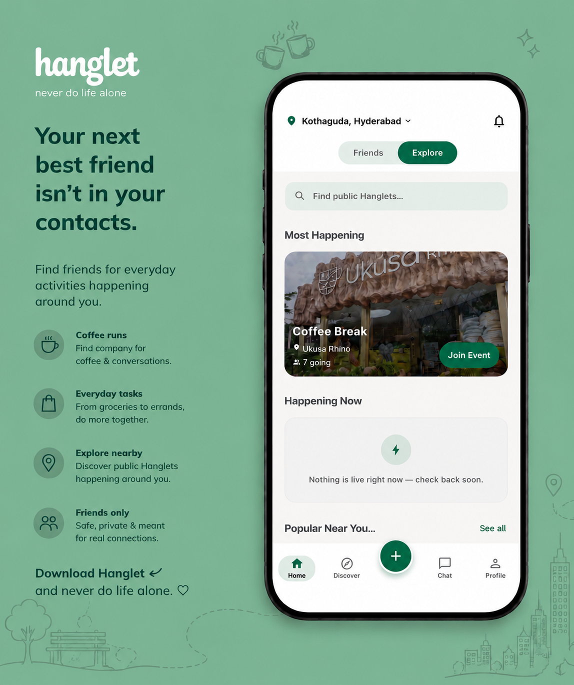 The Hanglet app home screen showing public activities happening nearby to discover and join, with people close by
