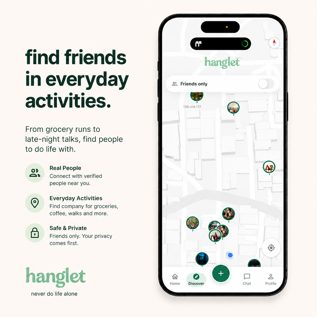 The Hanglet app showing a live map of nearby everyday activities to join — coffee, gym and grocery meetups — with real, verified people close by