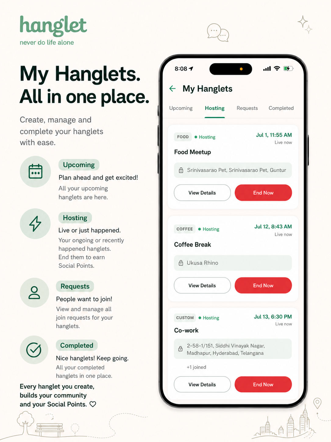 Hanglet app My Hanglets screen — create, manage and complete your everyday activities like food, coffee and co-work meetups in one place