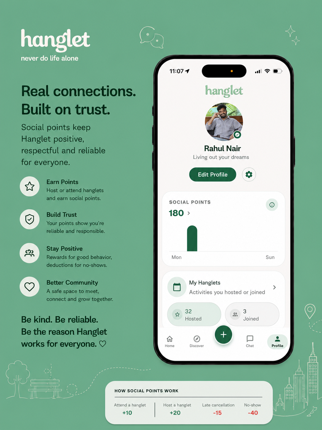 Hanglet app profile screen — Social Points keep the community positive, respectful and reliable, rewarding good behaviour and real connections