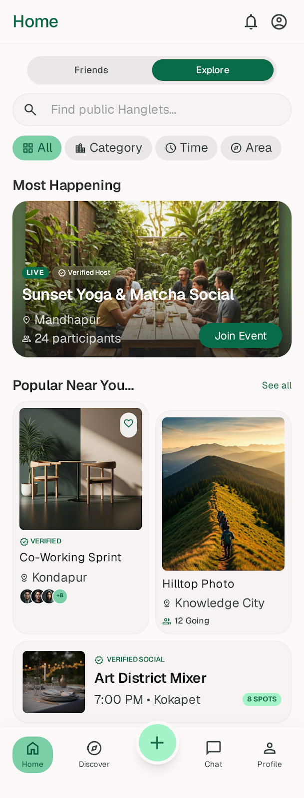 The Hanglet app showing nearby activities to join and make friends